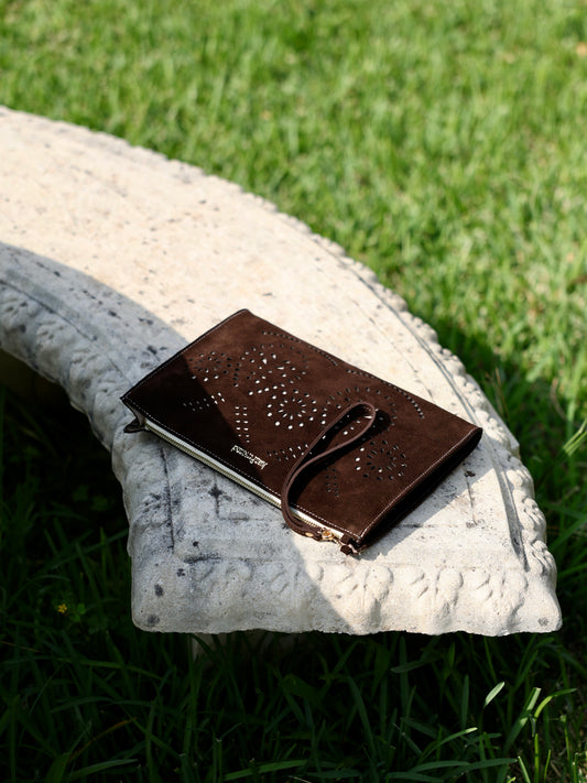 Brown Perforated Suede Purse
